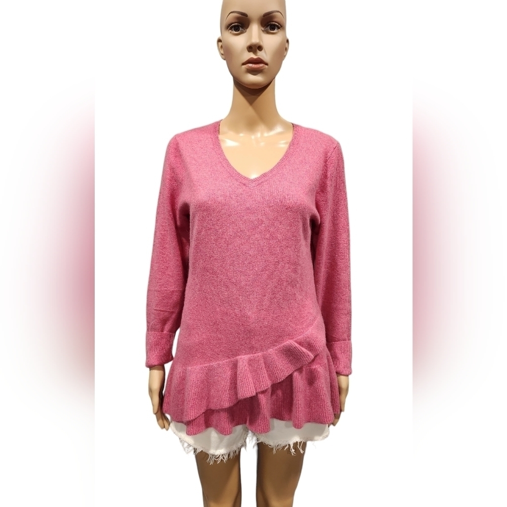 Isaac Mizrahi Live women's pink 100% cashmere ruffled v - neck sweater Sz small